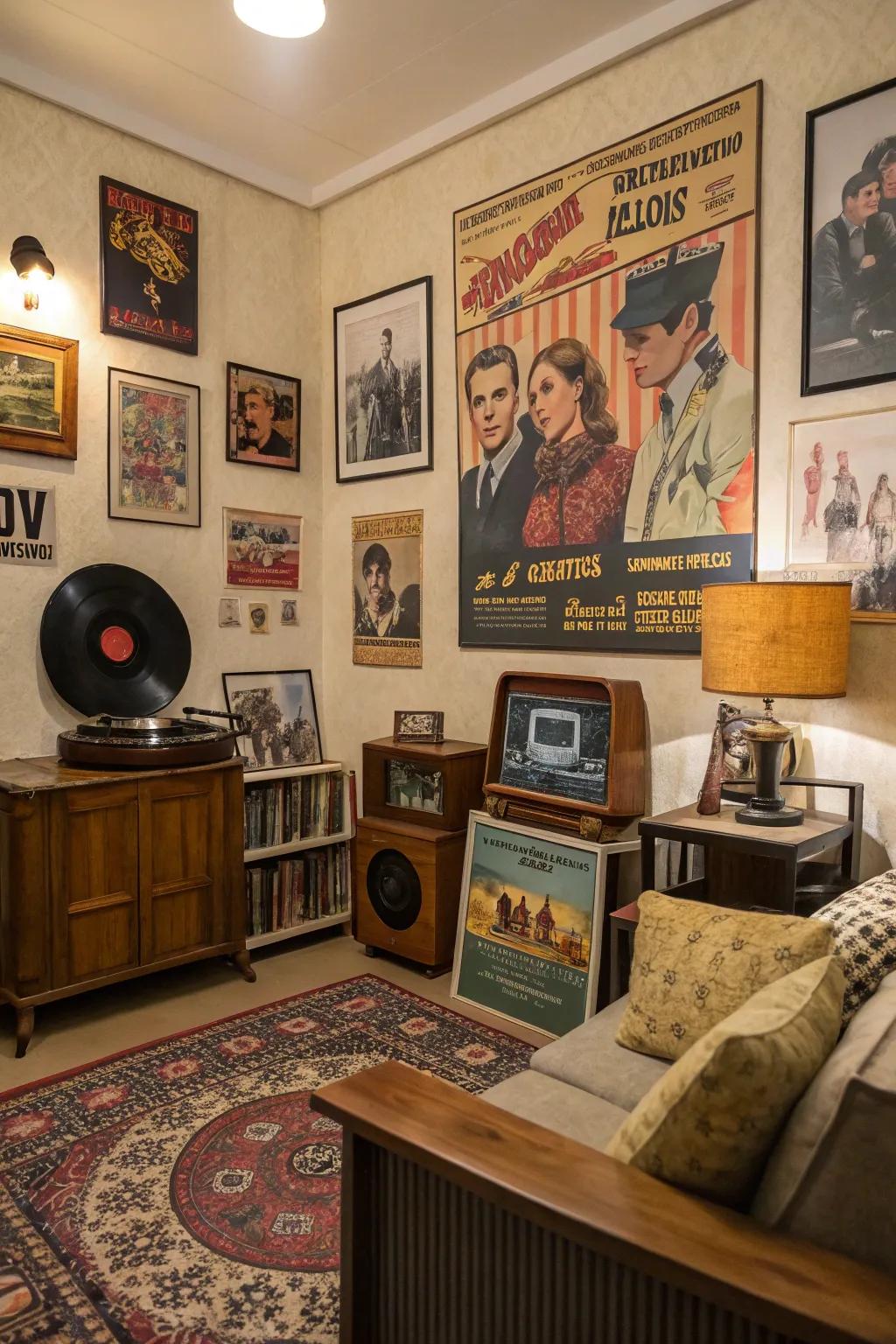 A retro room featuring charming vintage posters.