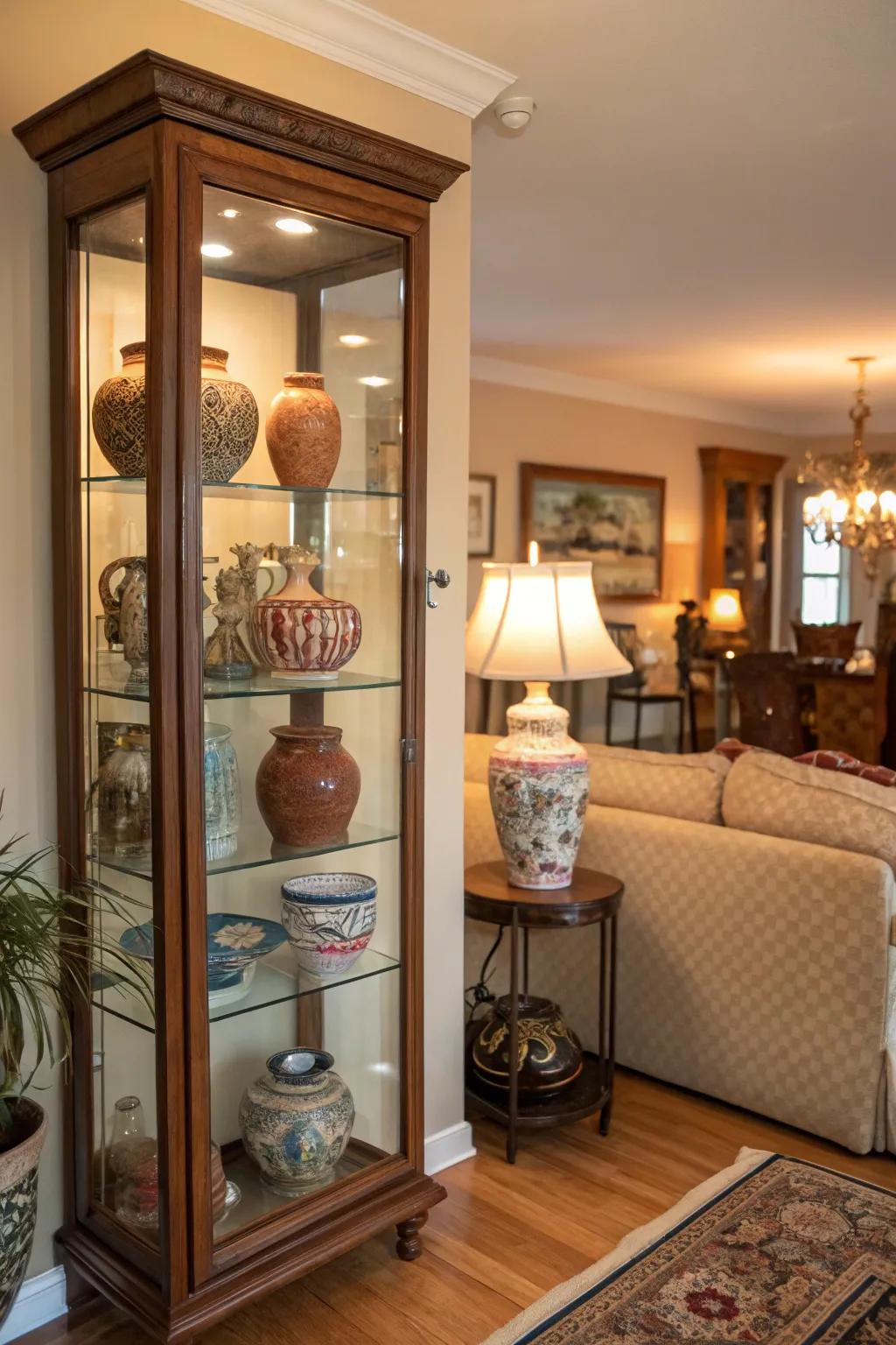 A glass cabinet displaying a <strong>pottery collection</strong> in the living area.&rdquo; loading=&rdquo;lazy&rdquo; class=&rdquo;pimg&rdquo;>
	</picture><figcaption>A glass cabinet displaying a <strong>pottery collection</strong> in the living area.</figcaption></figure>
<p>Glass cabinets offer a protective yet fashionable method to display <strong>pottery collections</strong>. Mine sit in the corner of my living area, enabling the pieces to catch the light beautifully.</p>
<h3>Consider these options:</h3>
<ul class=