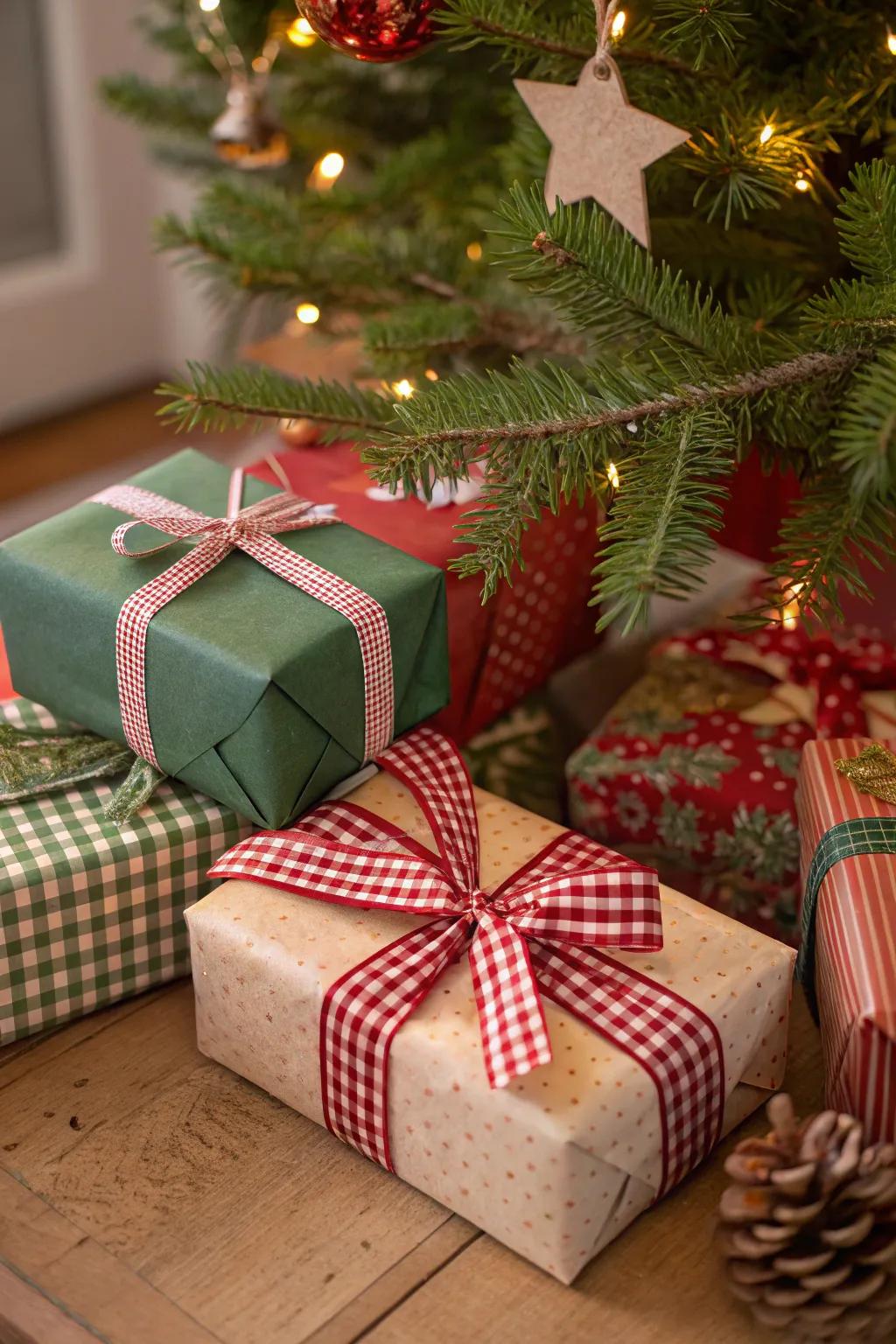 Check pattern ribbons add a playful yet classy touch to holiday decor.