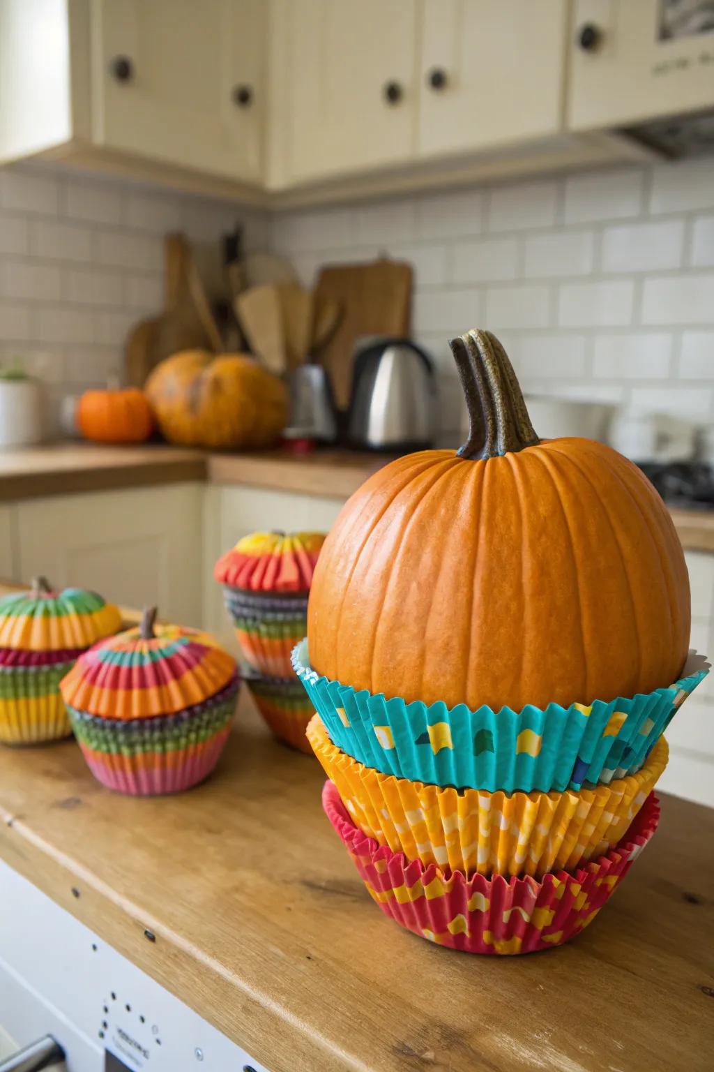 Cupcake liners transform a pumpkin into a tactile delight.
