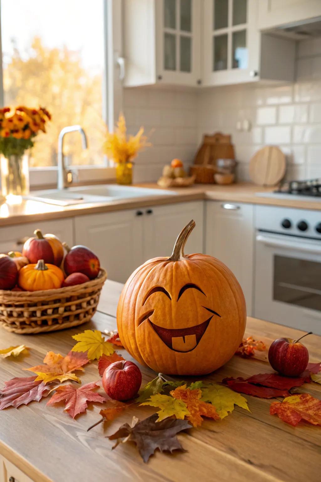 An expressive emoji pumpkin bringing modern fun to fall.