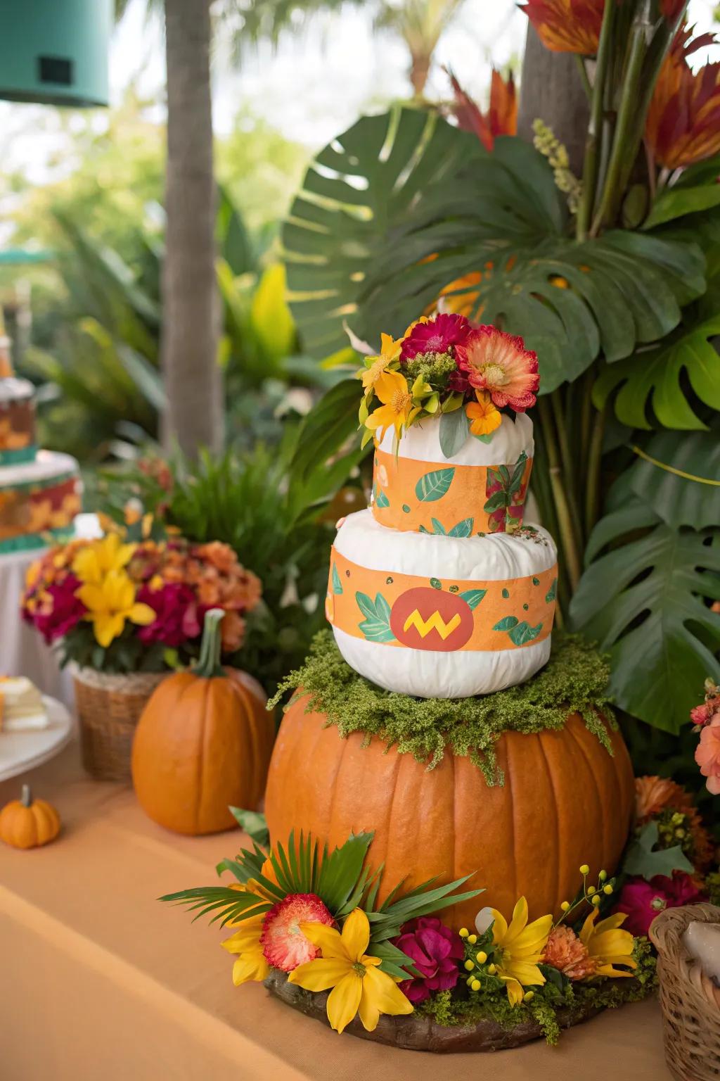 Tropical gourd diaper creations infuse warmth and sunlight into an autumnal theme.