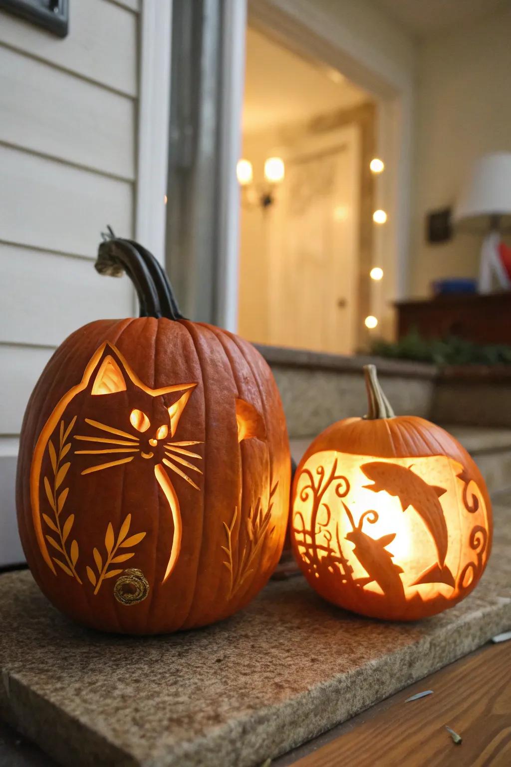 A playful feline and water orb pumpkin duo for a distinctive Halloween arrangement.