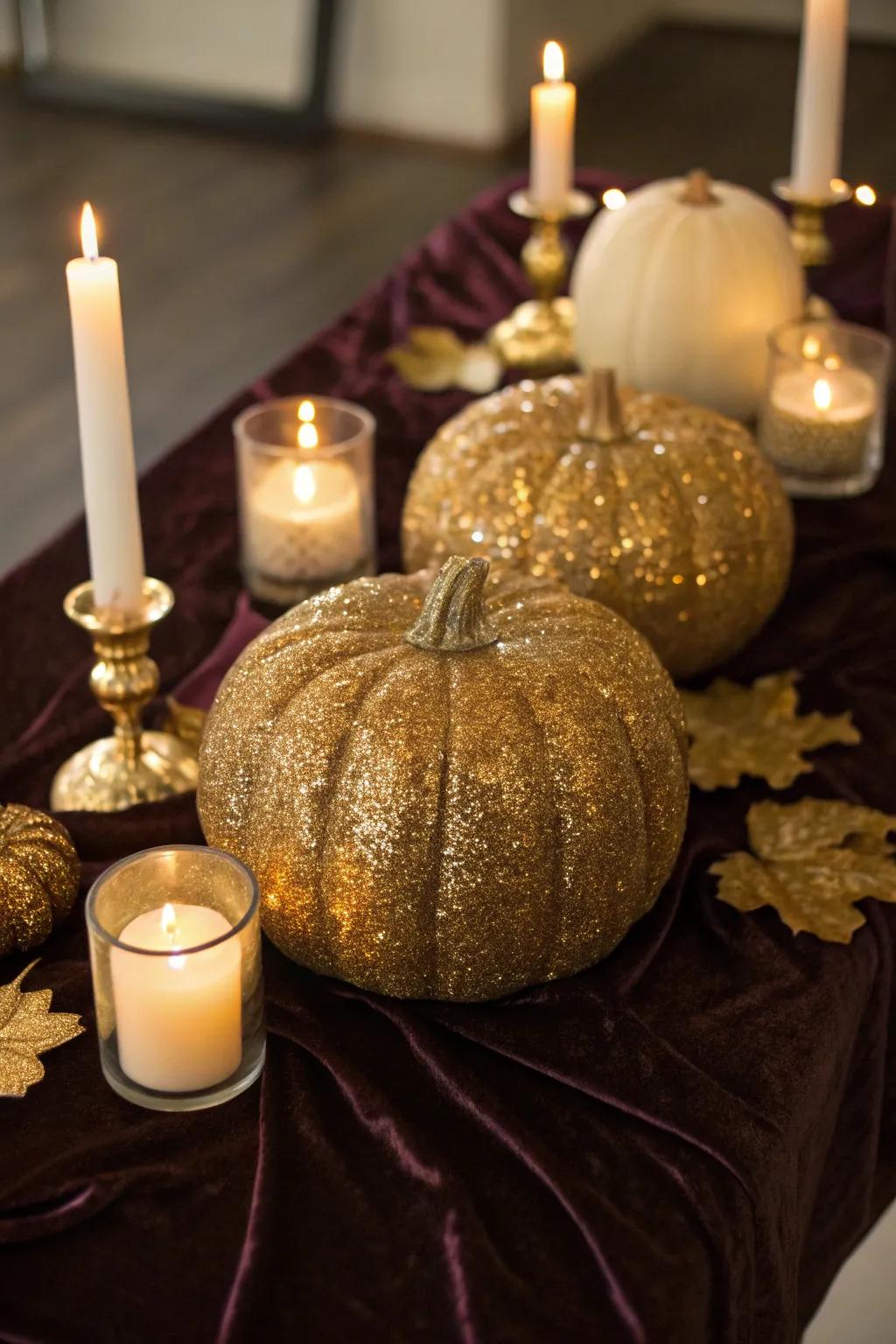 Construct a stunning display with glamorous, glimmer-encrusted pumpkins.