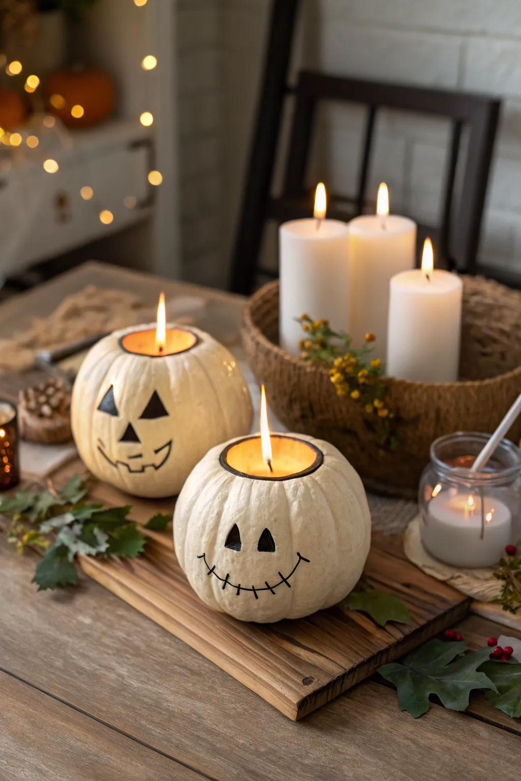 Gourds beautifully transformed into candle vessels.