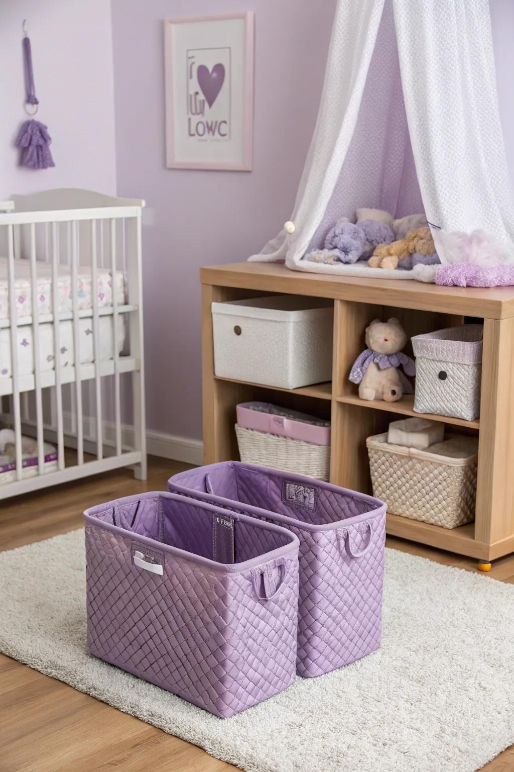 Coordinating storage solutions keep the nursery organized.