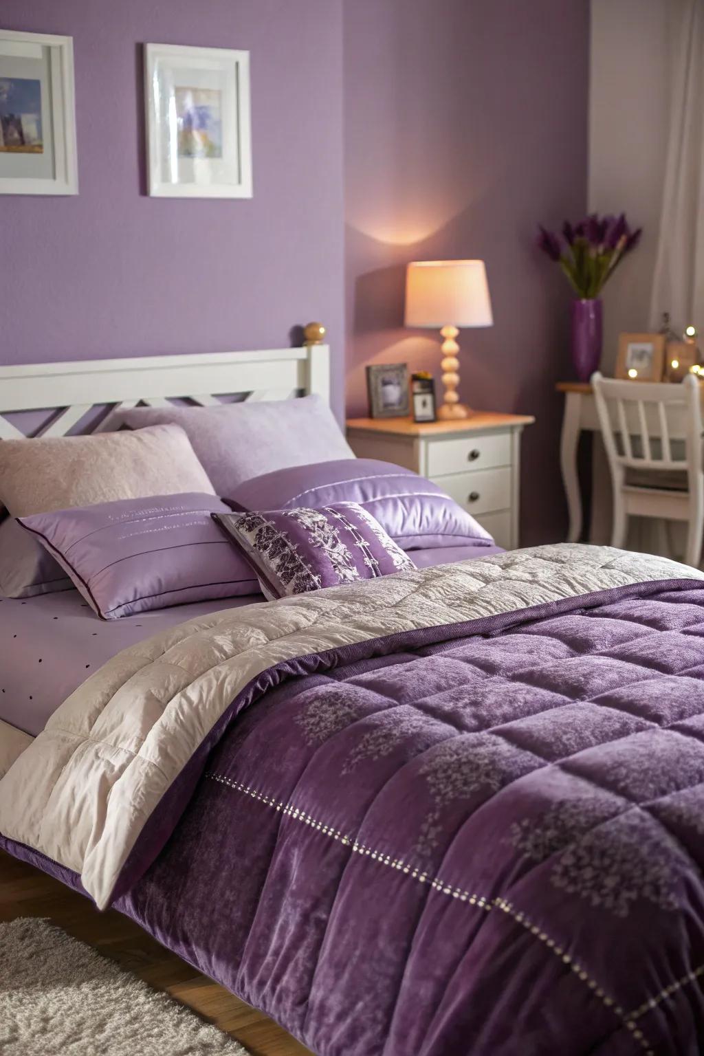 Layered elegant bedding improving the comfort of a purple bedroom.