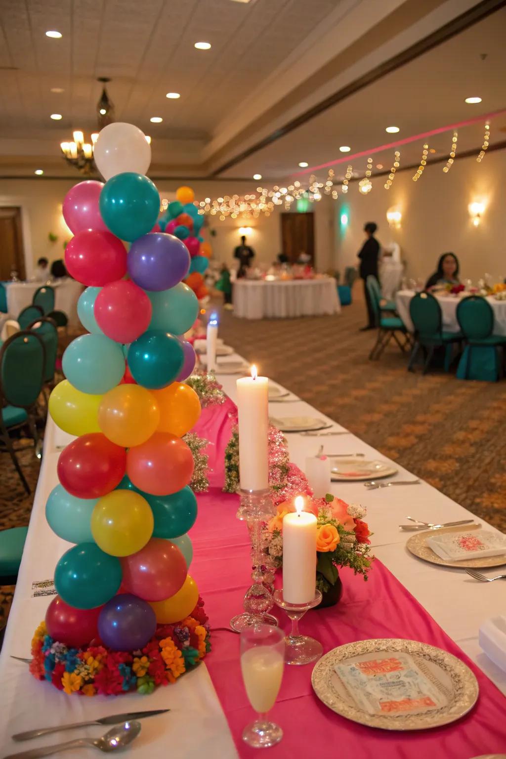 Balloon table runners add a playful touch to dining tables.