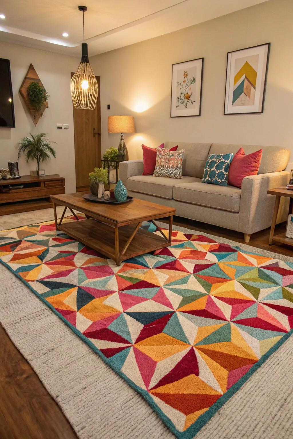 A bold geometrical design rug as a style statement.