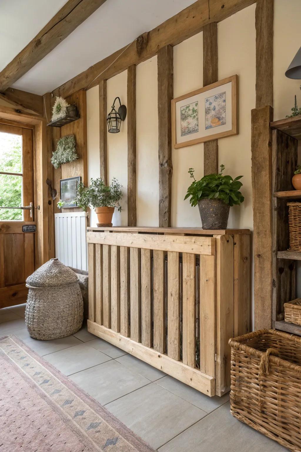 A timber plank radiator enclosure enriches a farmhouse-styled room with rustic appeal.