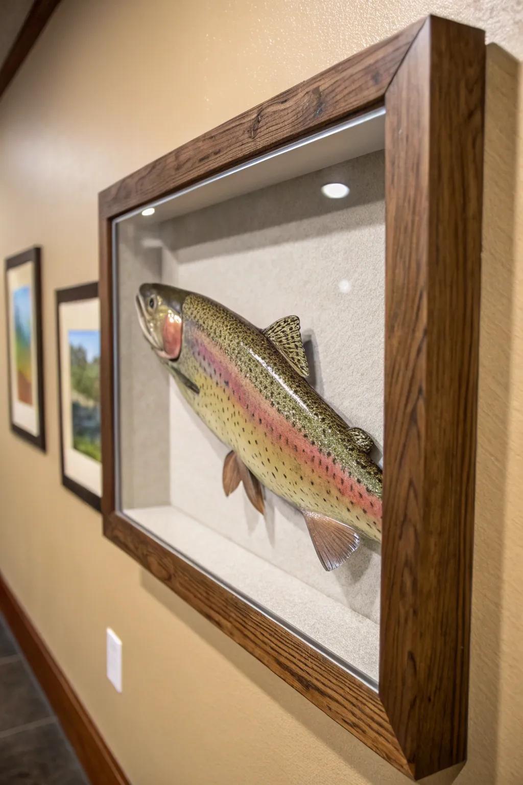 An artistic display frame provides depth and sophistication to the rainbow trout display.