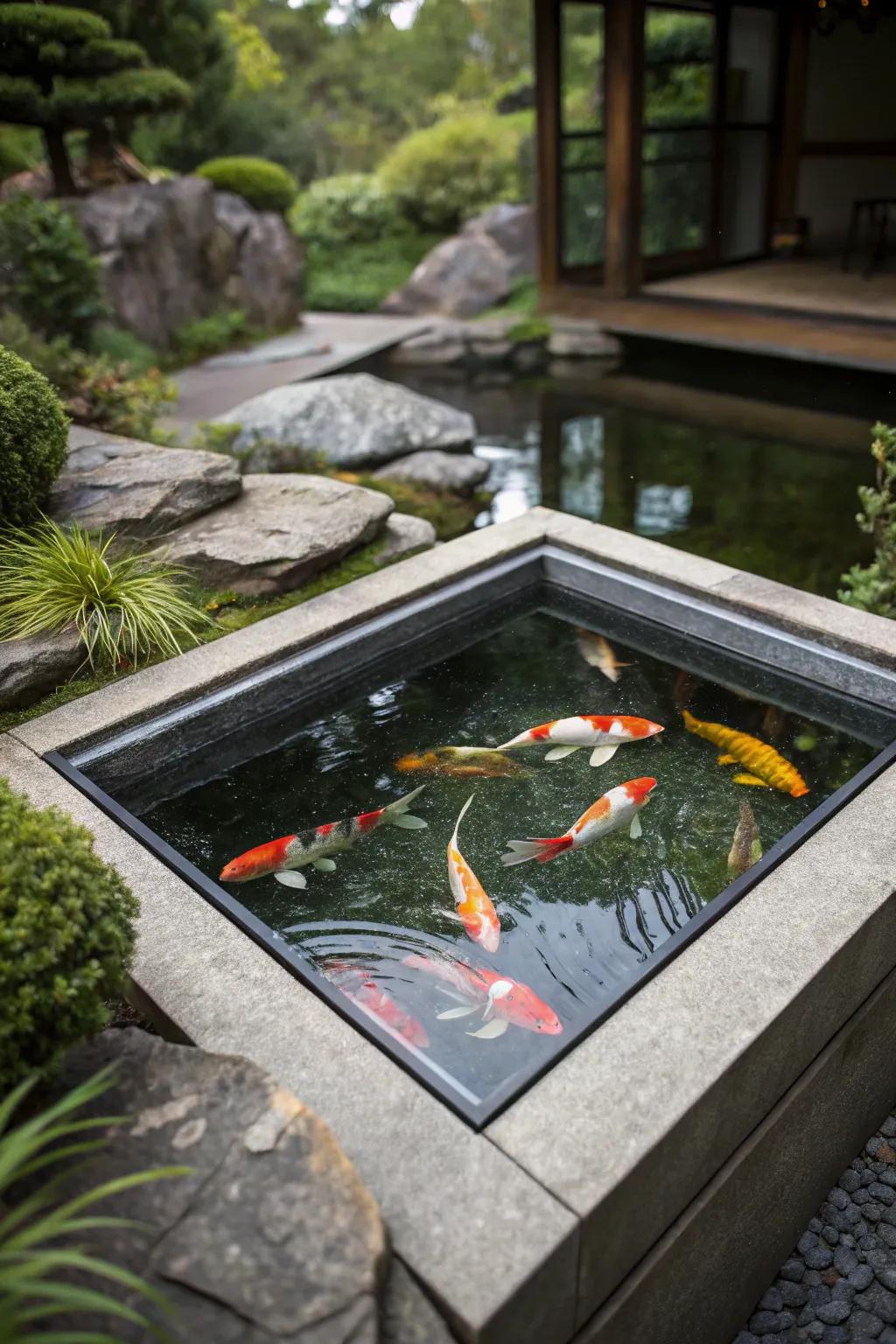 A mesmerizing view with a see-through pond pane.