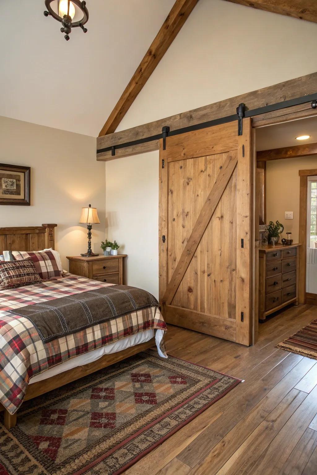 A bedroom showcasing a sliding door and countryside furnishings.