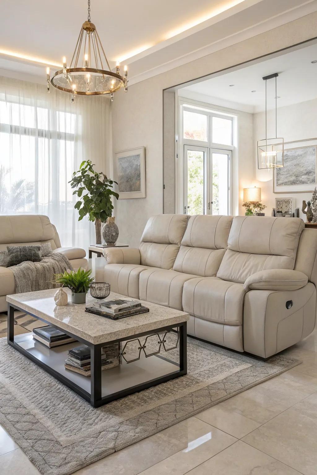 A sleek living area featuring a reclining sofa and a modern coffee table.