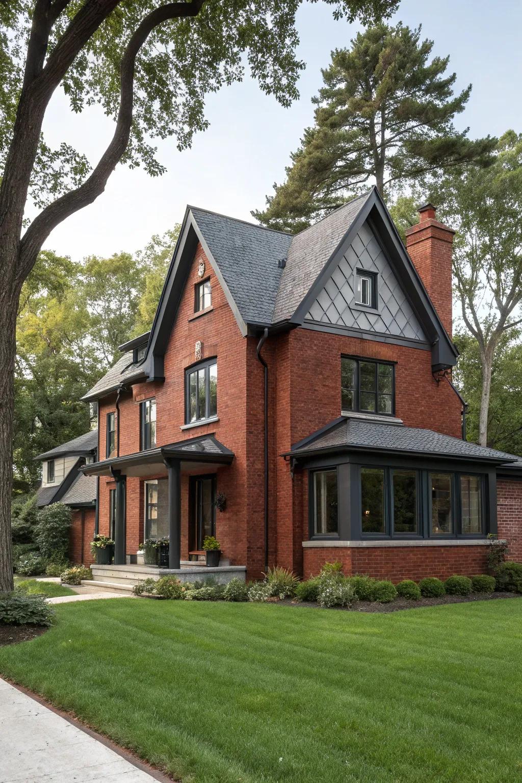 Burning coal gray trim lends a polished and contemporary edge to red brick homes.