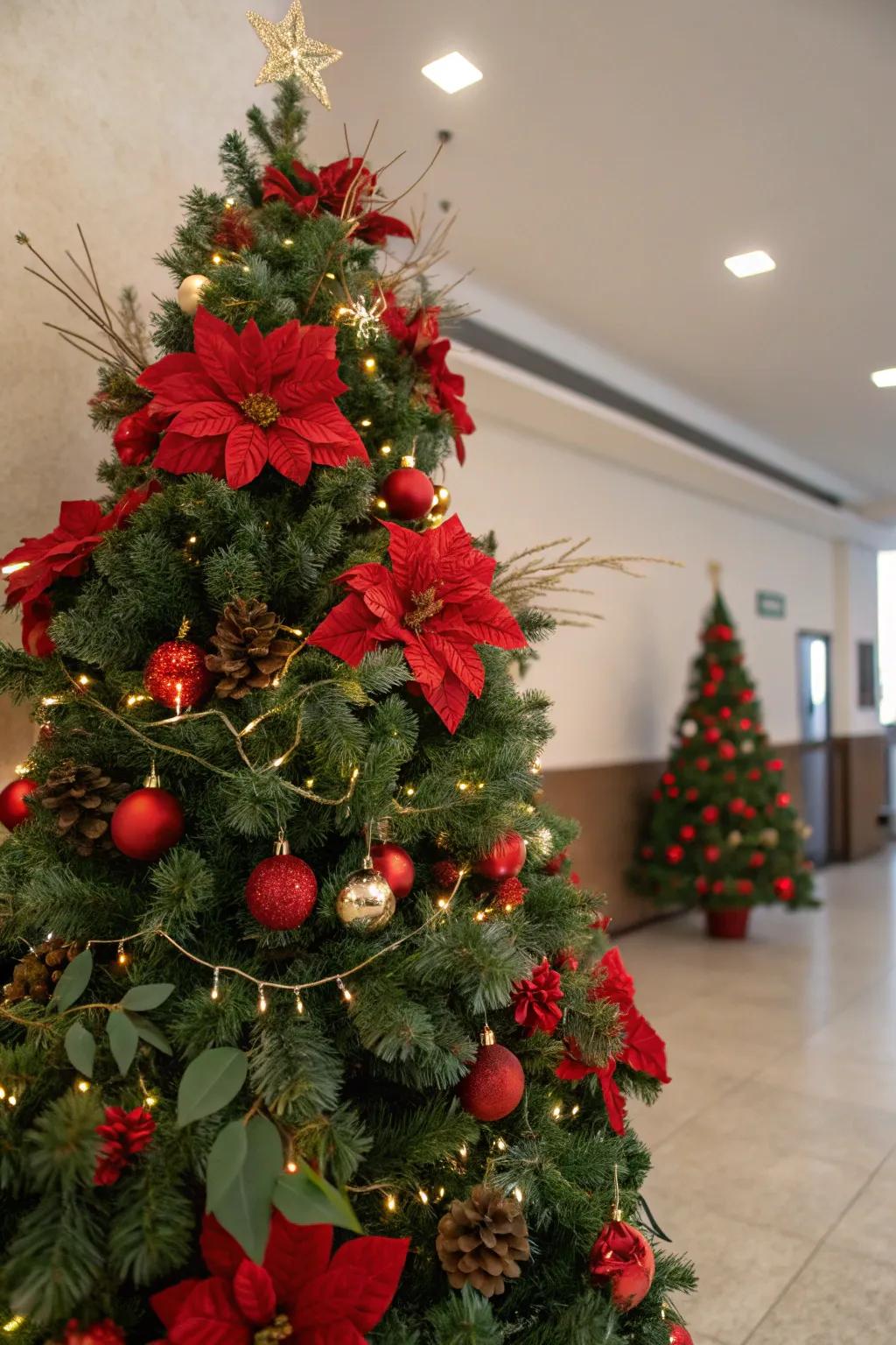 Vibrant Christmas tree with red florals and foliage