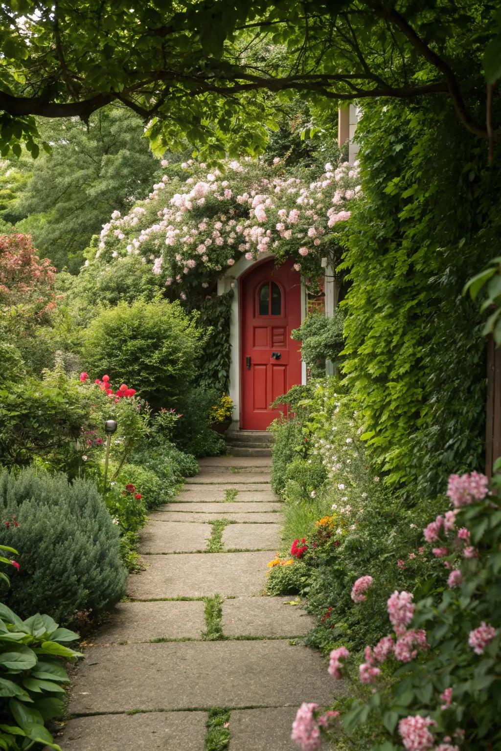 Magical garden pathway leading to a crimson door.