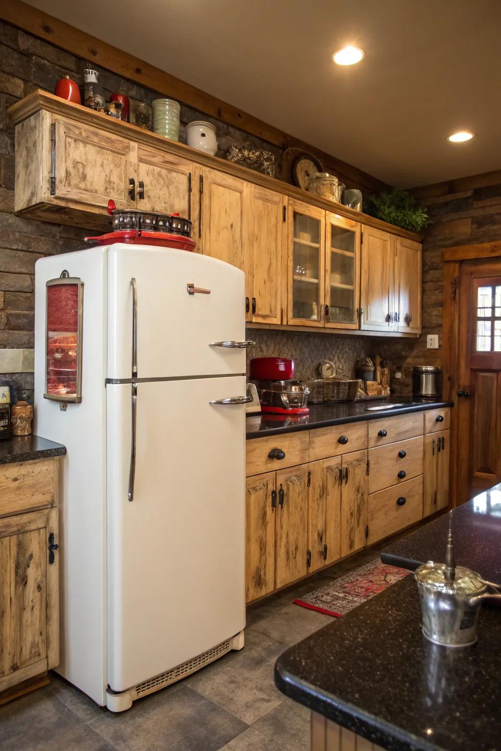 Vintage-style elements around the refrigerator create a warm, nostalgic kitchen.