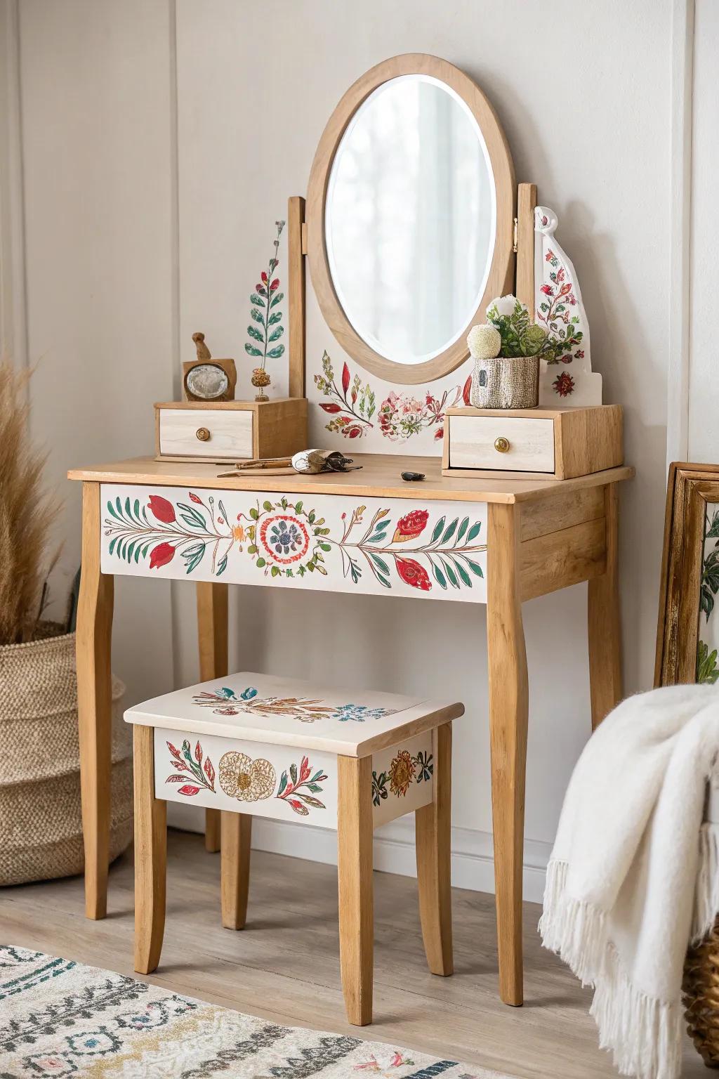 Transform your space with a whimsical touch: stenciled floral patterns for a unique vanity makeover.