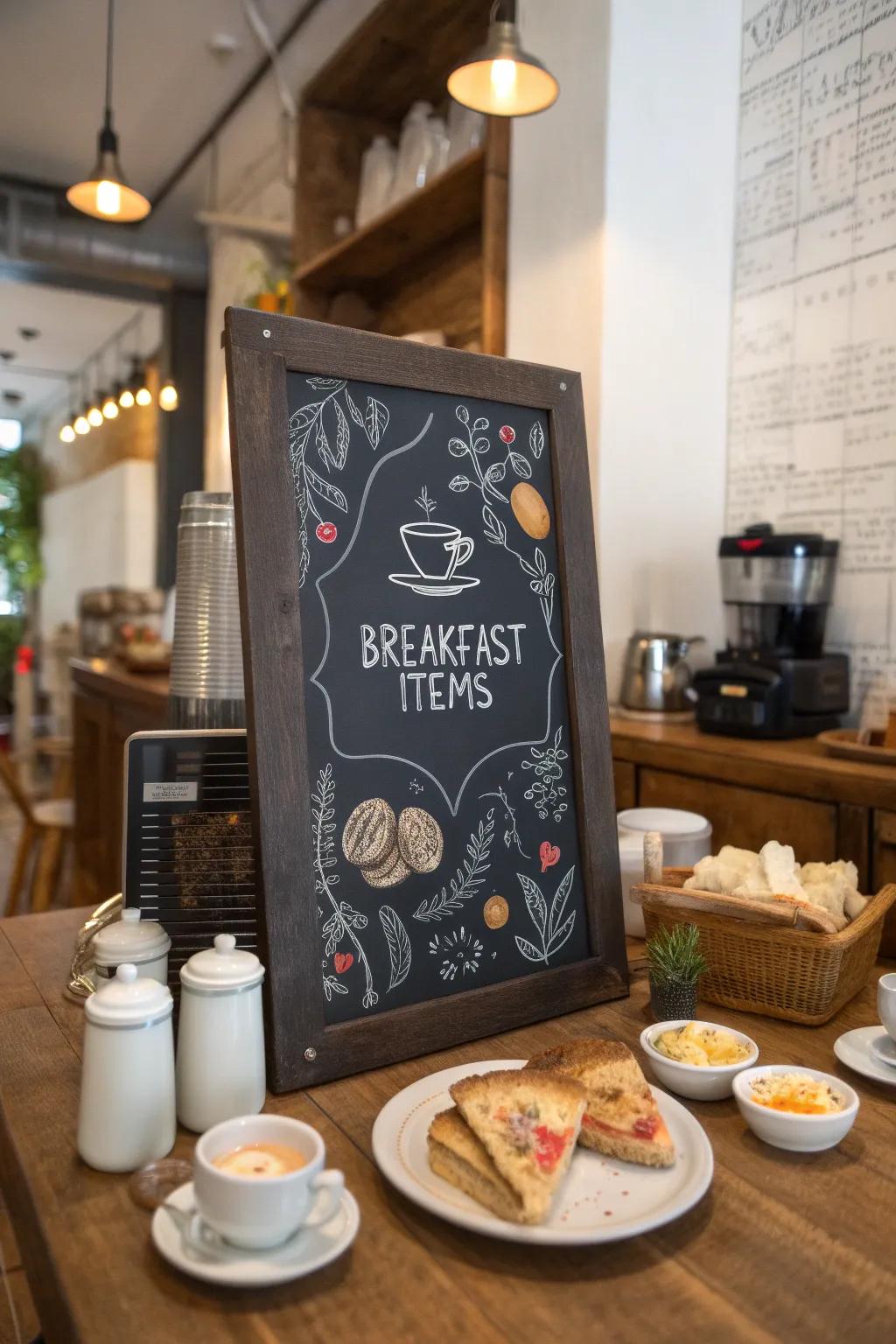 A themed chalkboard menu focusing on breakfast, complete with charming illustrations.