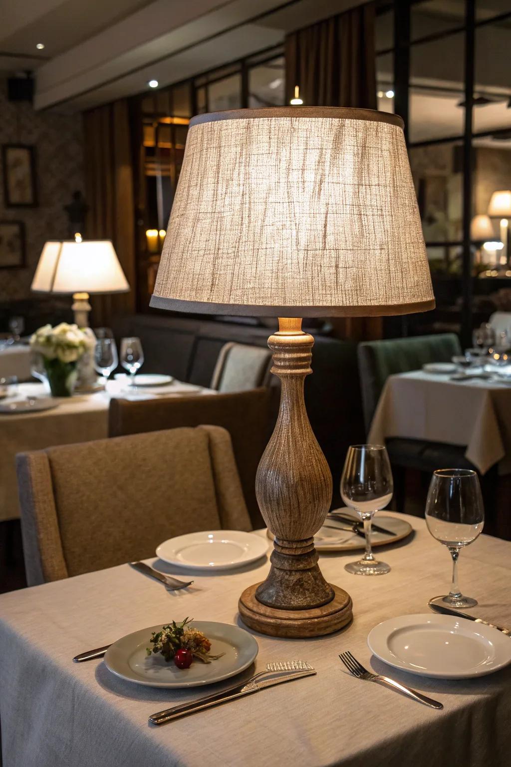 A table lamp with a textured fabric shade sits on a restaurant table, contributing to the cozy decor.