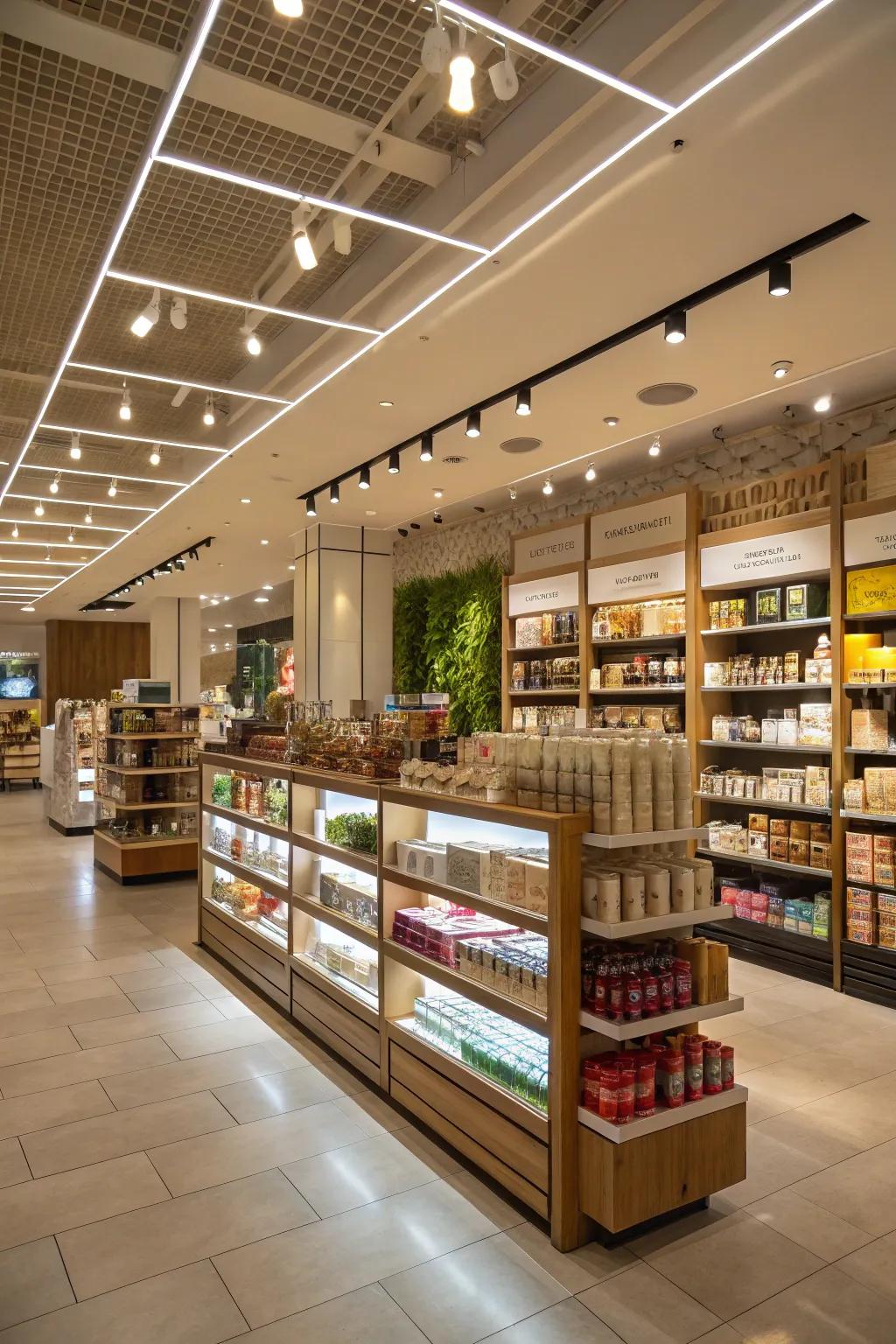 Tiered lighting adding dimension and intrigue to the store.