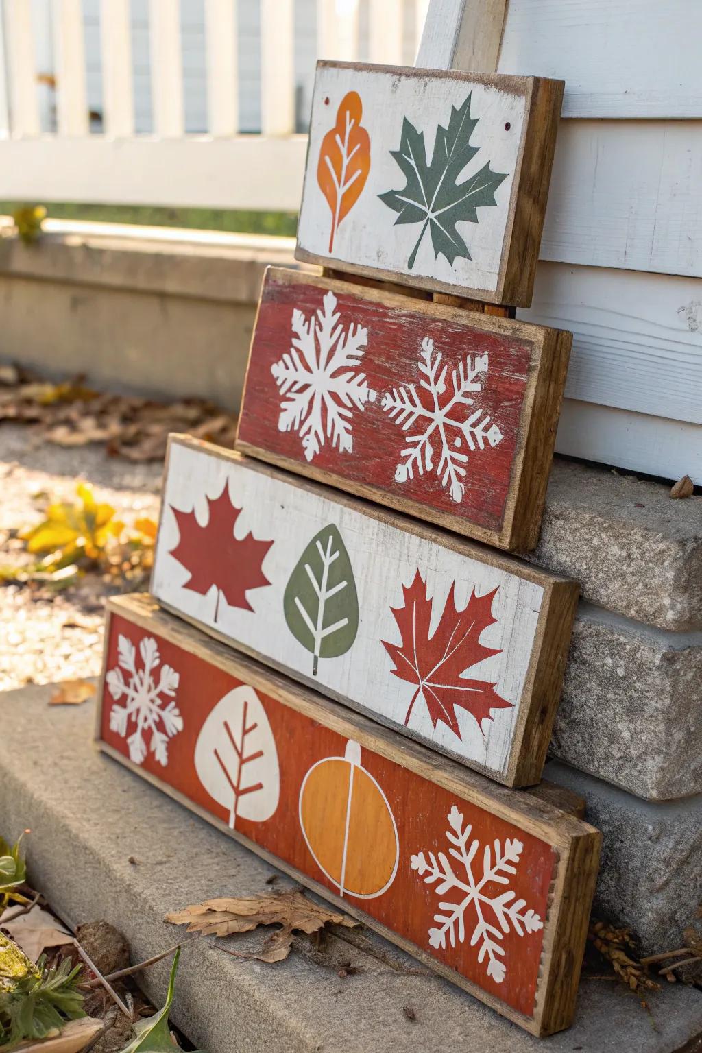Celebrate the seasons with charming wood signs that can be stacked and recall past times. Handmade beauty that brings memories to your decor.