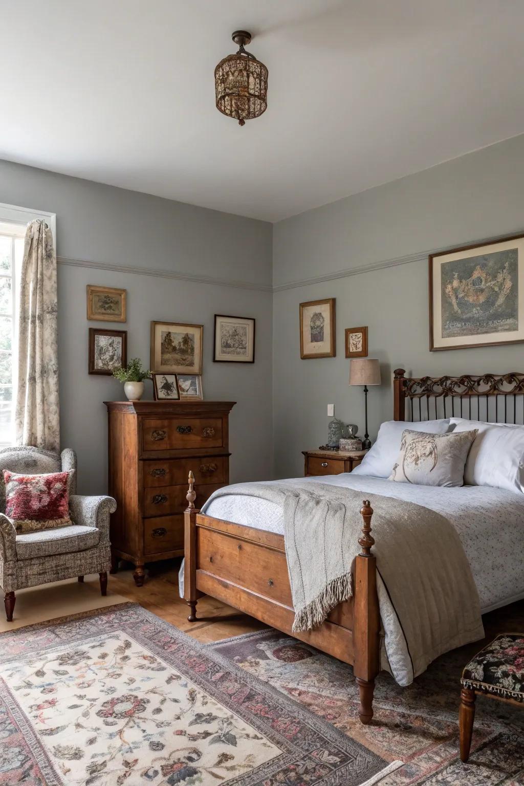 Vintage touches add character to a Gentle Gray bedroom.