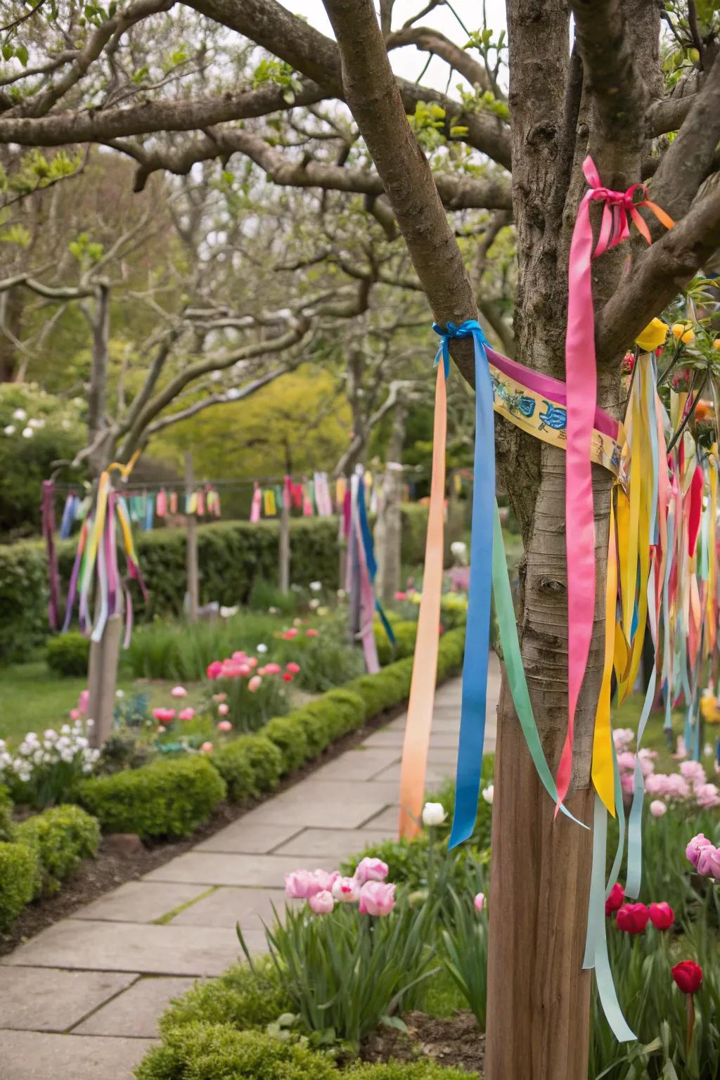 Illuminate your outdoor space with colorful <strong>ribbons</strong>.” loading=”lazy” class=”pimg”>
	</picture><figcaption>Illuminate your outdoor space with colorful <strong>ribbons</strong>.</figcaption></figure>
<p>Employ <strong>ribbons</strong> to incorporate tint and motility to your outdoor expanses, akin to affixing them to garden stakes or tree limbs. It’s a straightforward yet efficacious means to animate your garden or patio.</p>
<h3>You might give these a try:</h3>
<ul class=