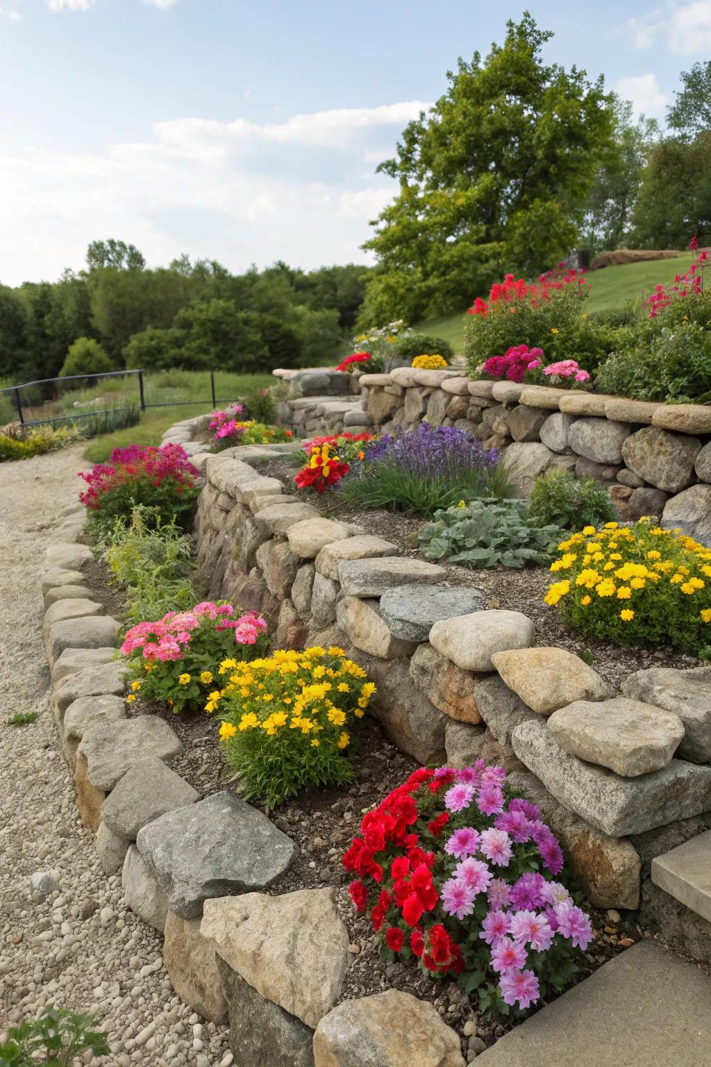 An elevated flowerbed that supports beautiful and vibrant blooms.