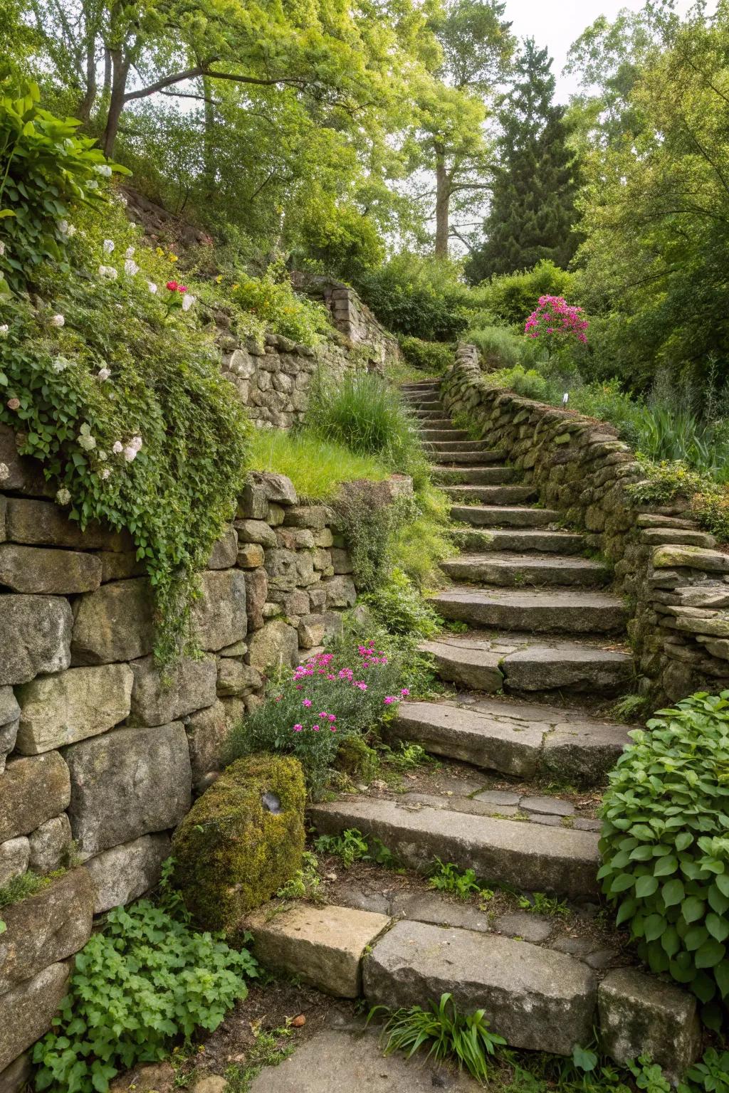 Stone stairways incorporate style and function to garden walls.