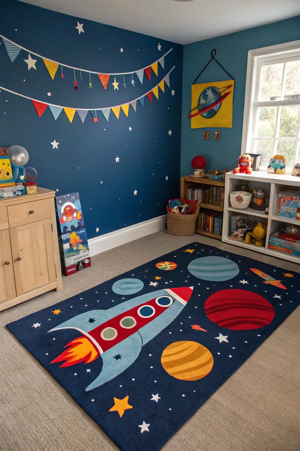 Ground your decor with a playful shuttle-themed rug.