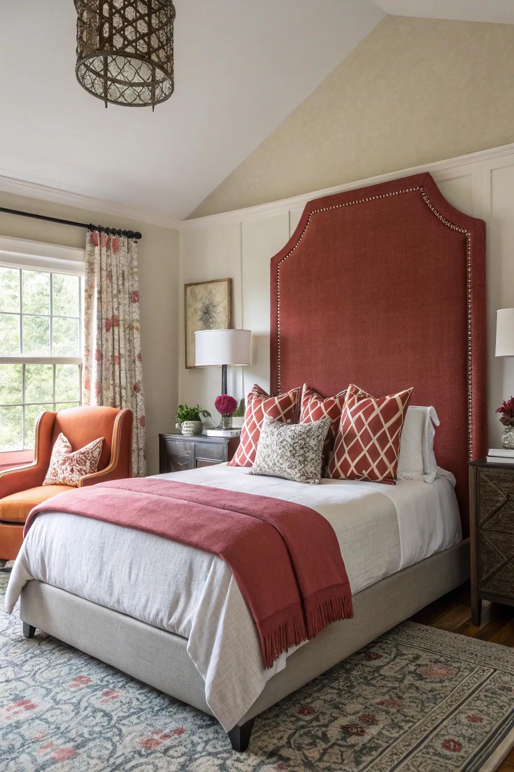 A statement headboard adds drama and focus to the boudoir.
