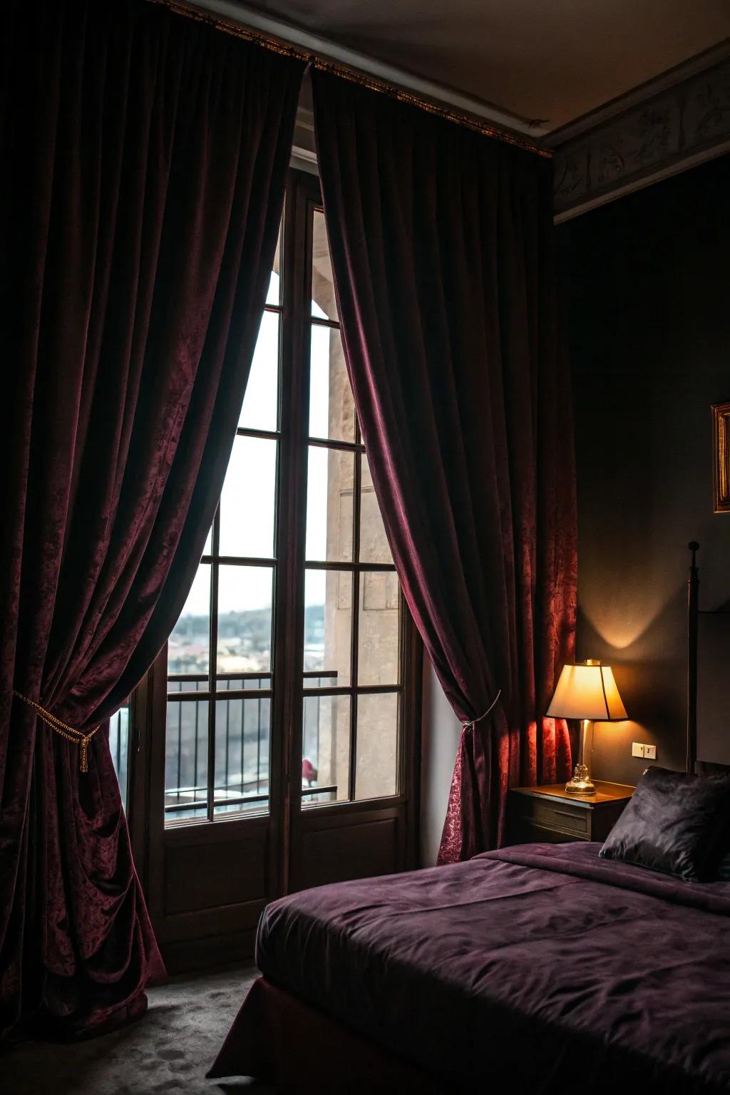 Rich drapery injects drama and privacy to a Victorian Gothic sleeping quarters.