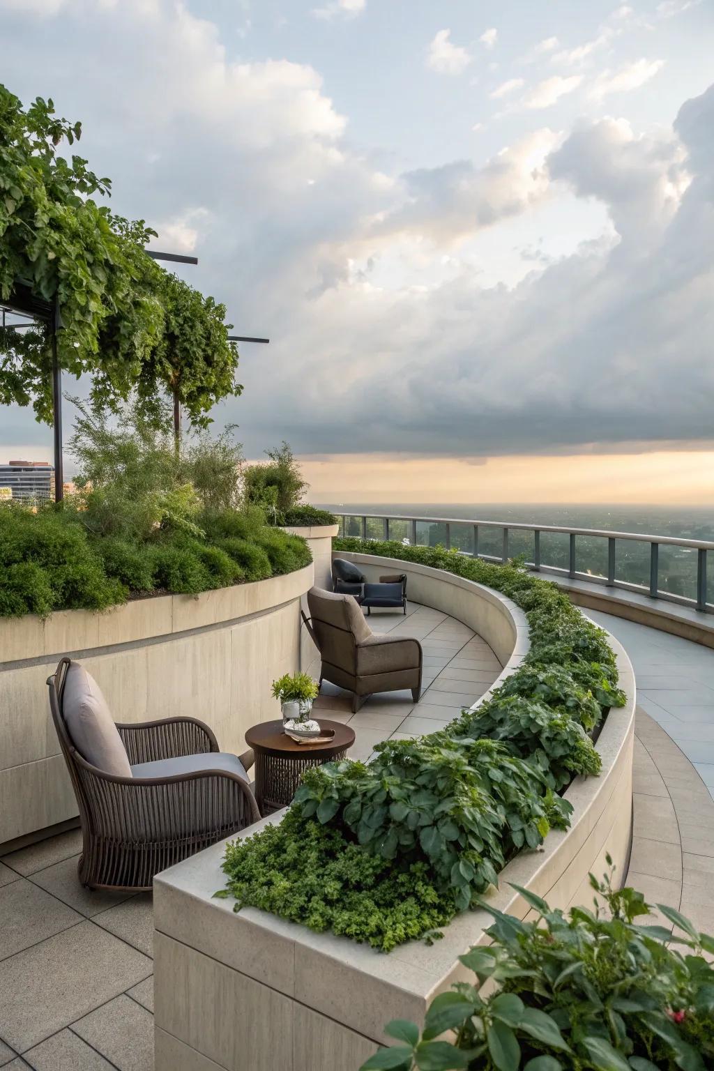 Sweeping arcs introduce a gentle and welcoming sensation to the rooftop design.