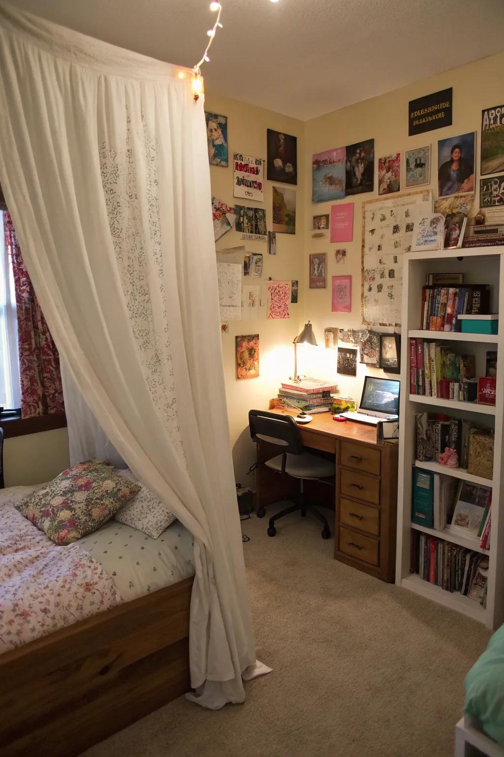 Drapes around the bed establish a snug and private corner.