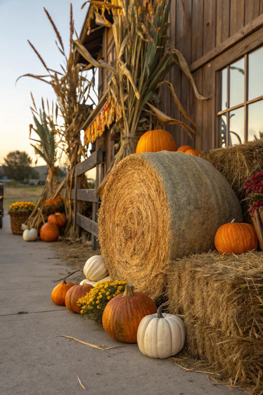 Embrace the timeless beauty of autumn using a classic harvest-themed hay bale display.