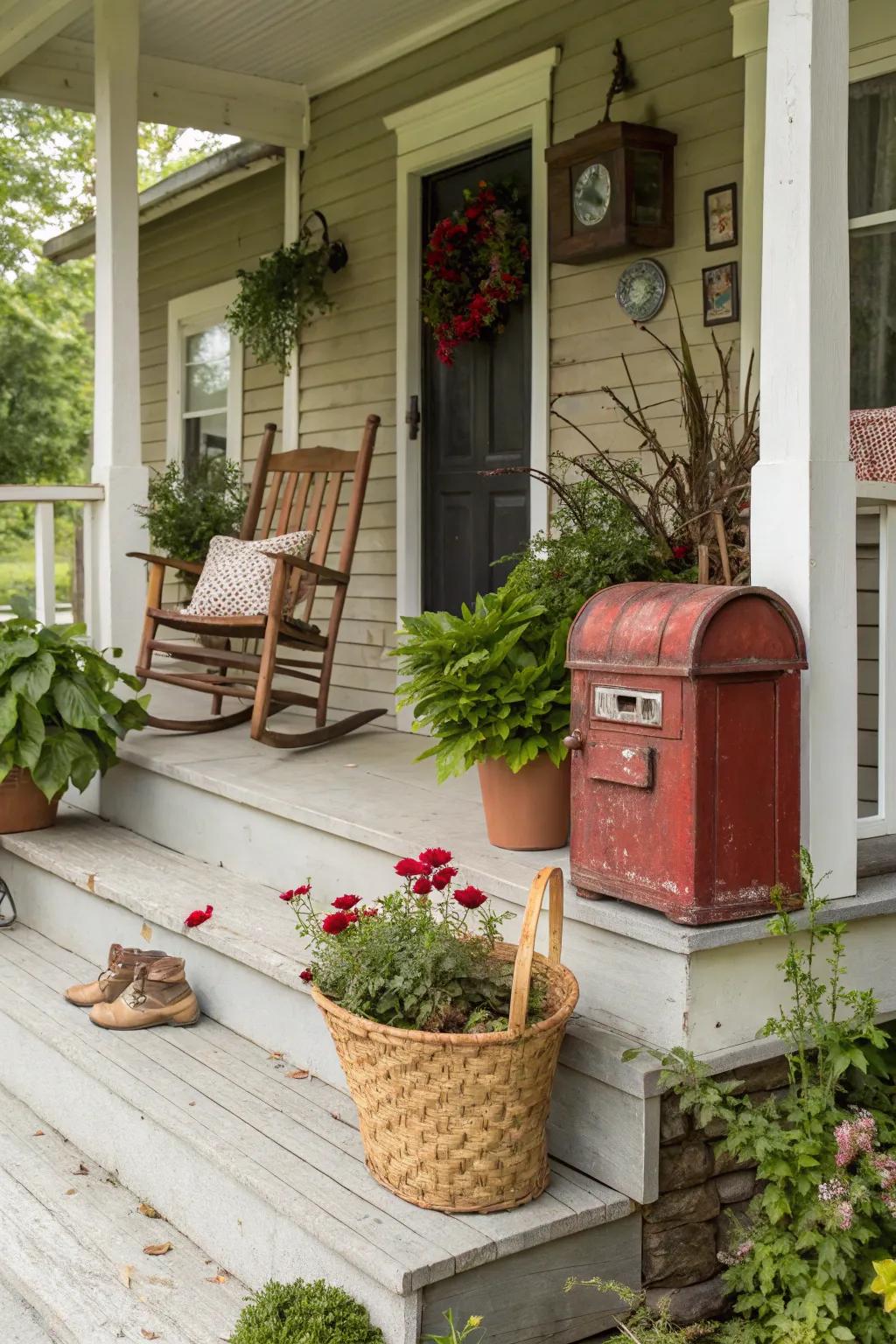 A vintage mailbox adds character and charm to this porch.