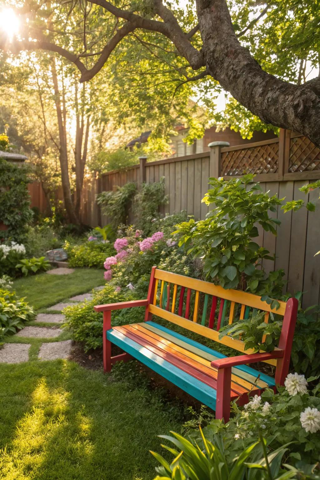 A vibrant garden bench crafted from painted pallets.