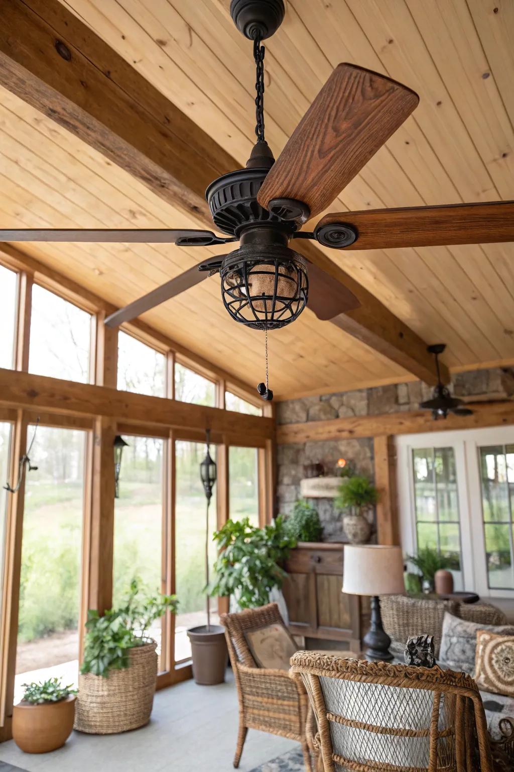 An iron and wood ceiling fan complements the countryside sunroom perfectly.