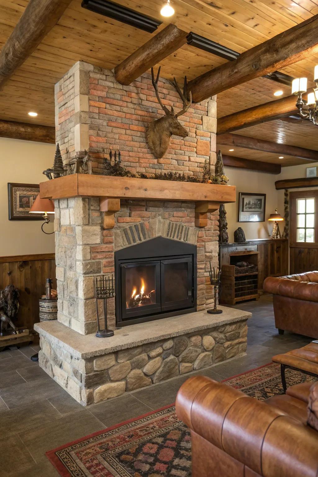 A self-supporting hearth adds warmth to this cozy man cave.