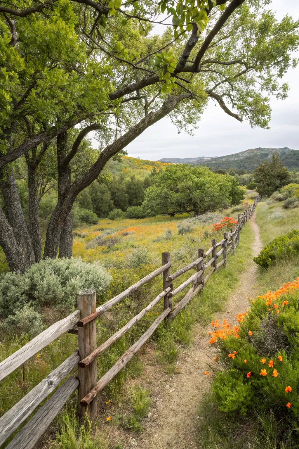 A woodland retreat with a split rail fence surrounded by native vegetation.