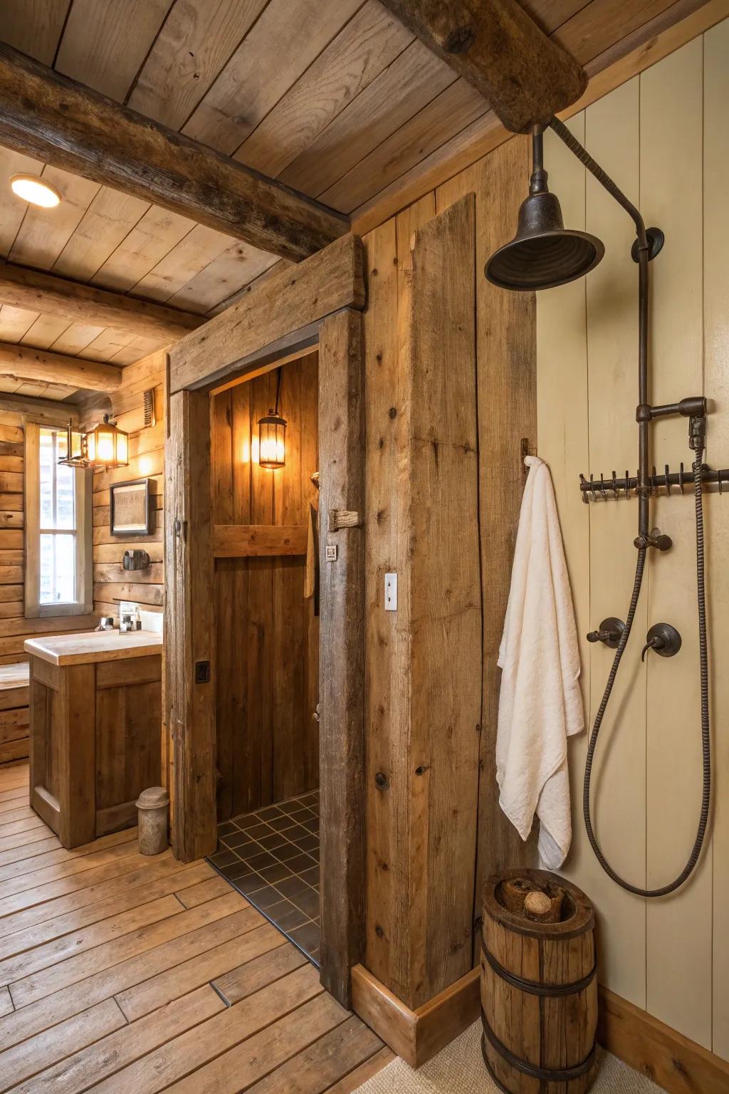 A shower featuring reclaimed wood elements that add history and character to the rustic design.