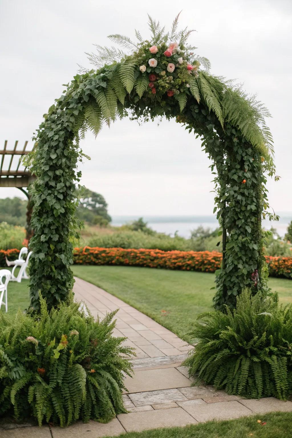 An arch enveloped in greenery, providing a rich and natural effect.