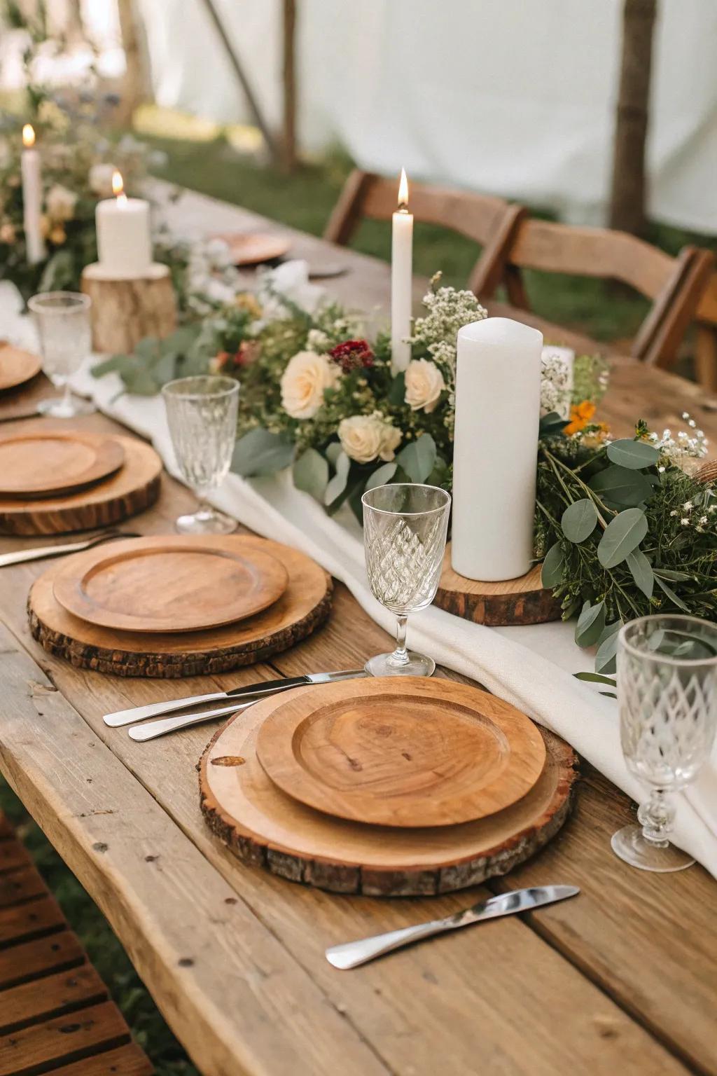 Timber chargers providing an earthy base to the table setting.