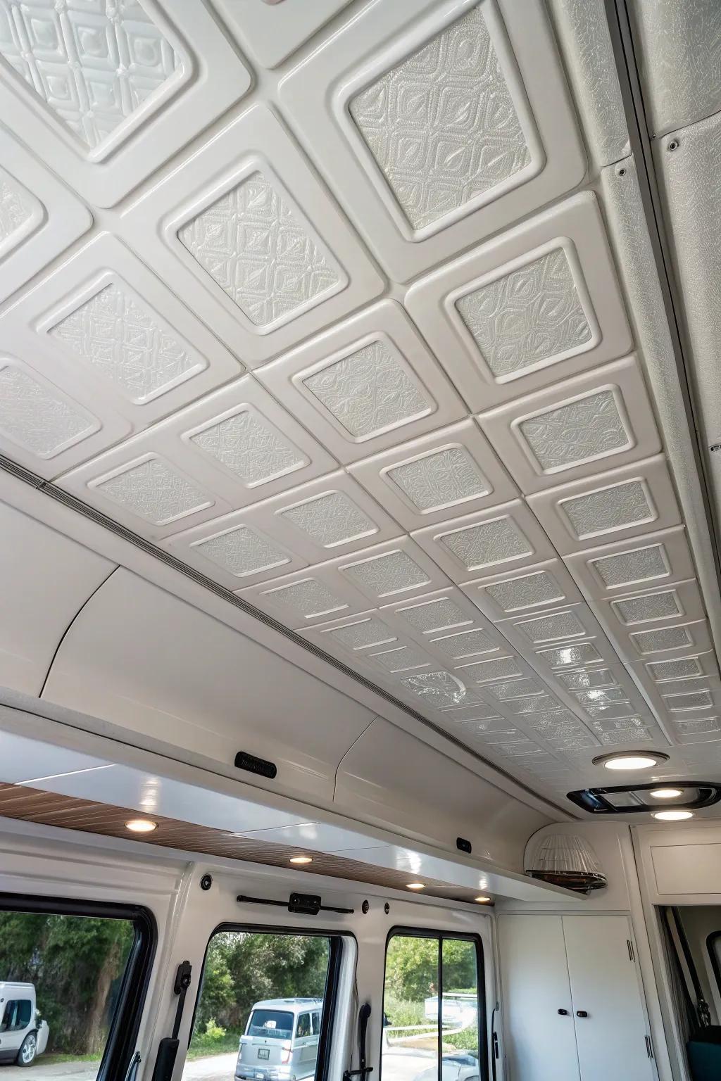 Styrofoam tiles offer a lightweight and stylish ceiling option.
