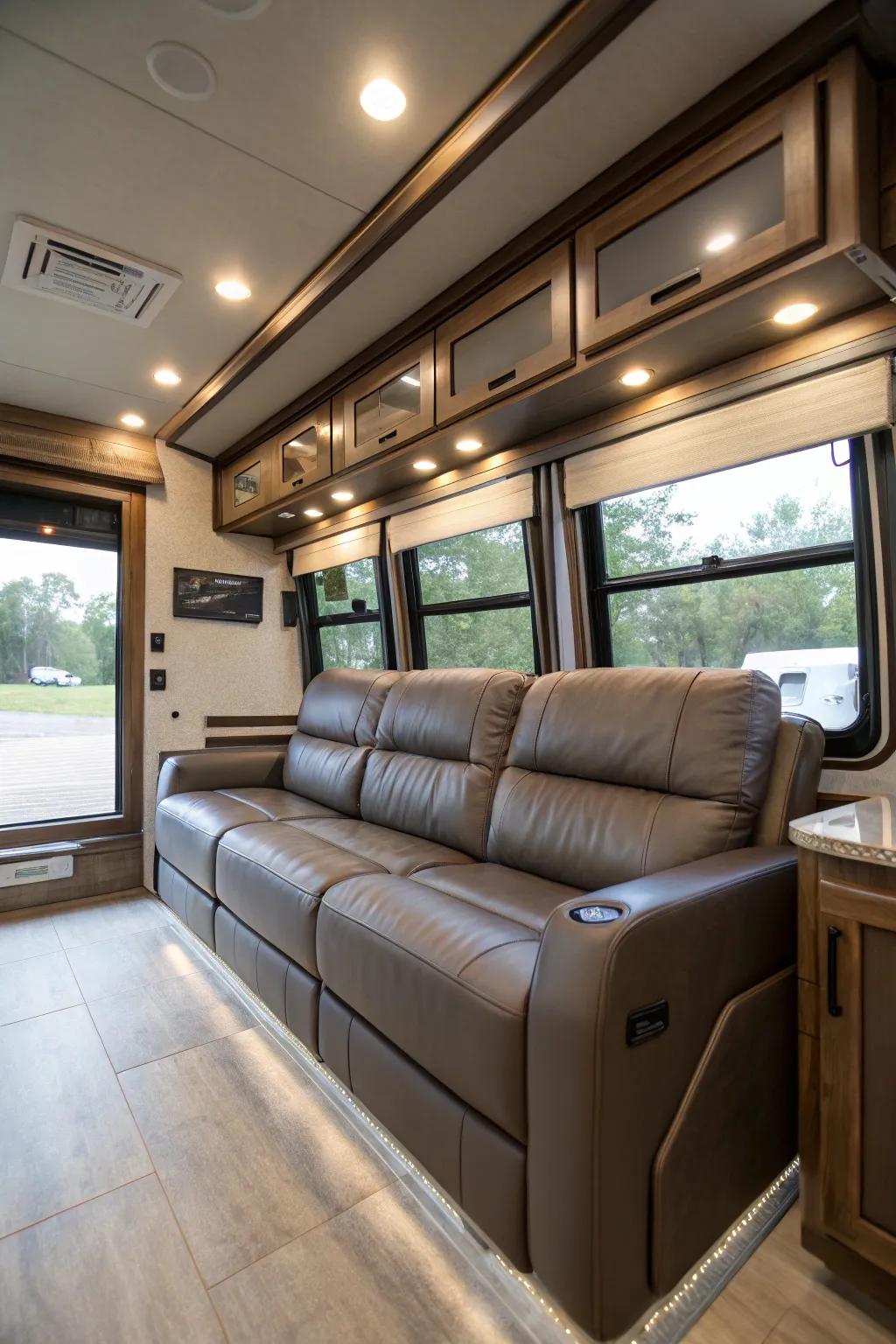 Leather couches impart enduring elegance to RV interiors.
