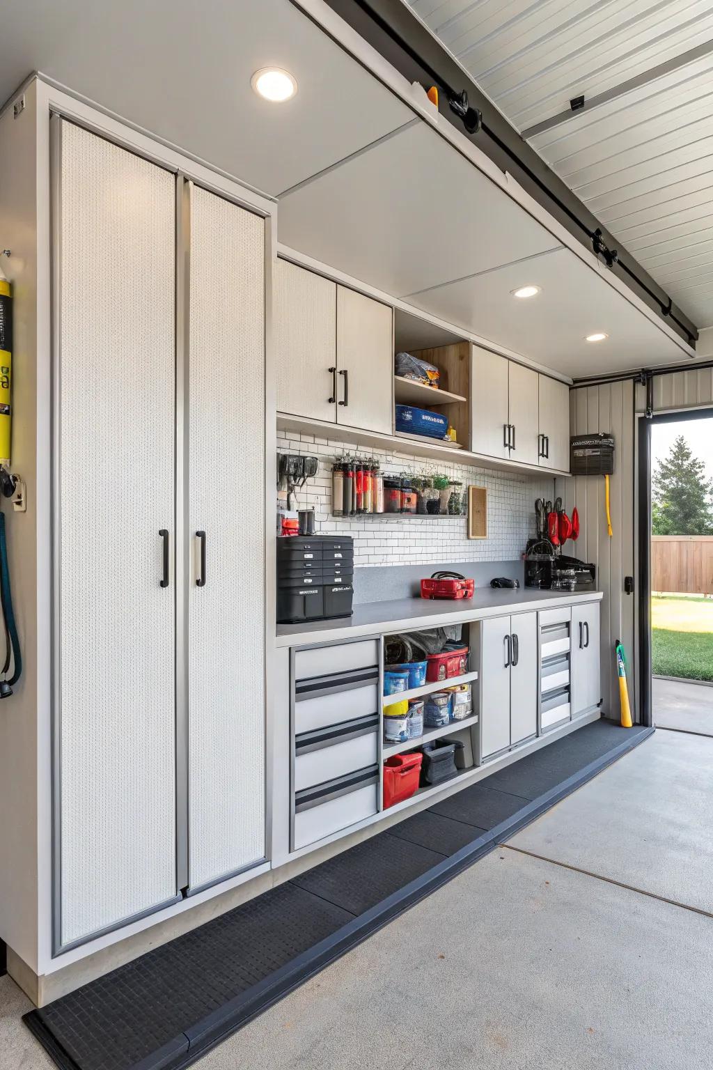 Smart storage solutions transform the RV garage into an organized haven.
