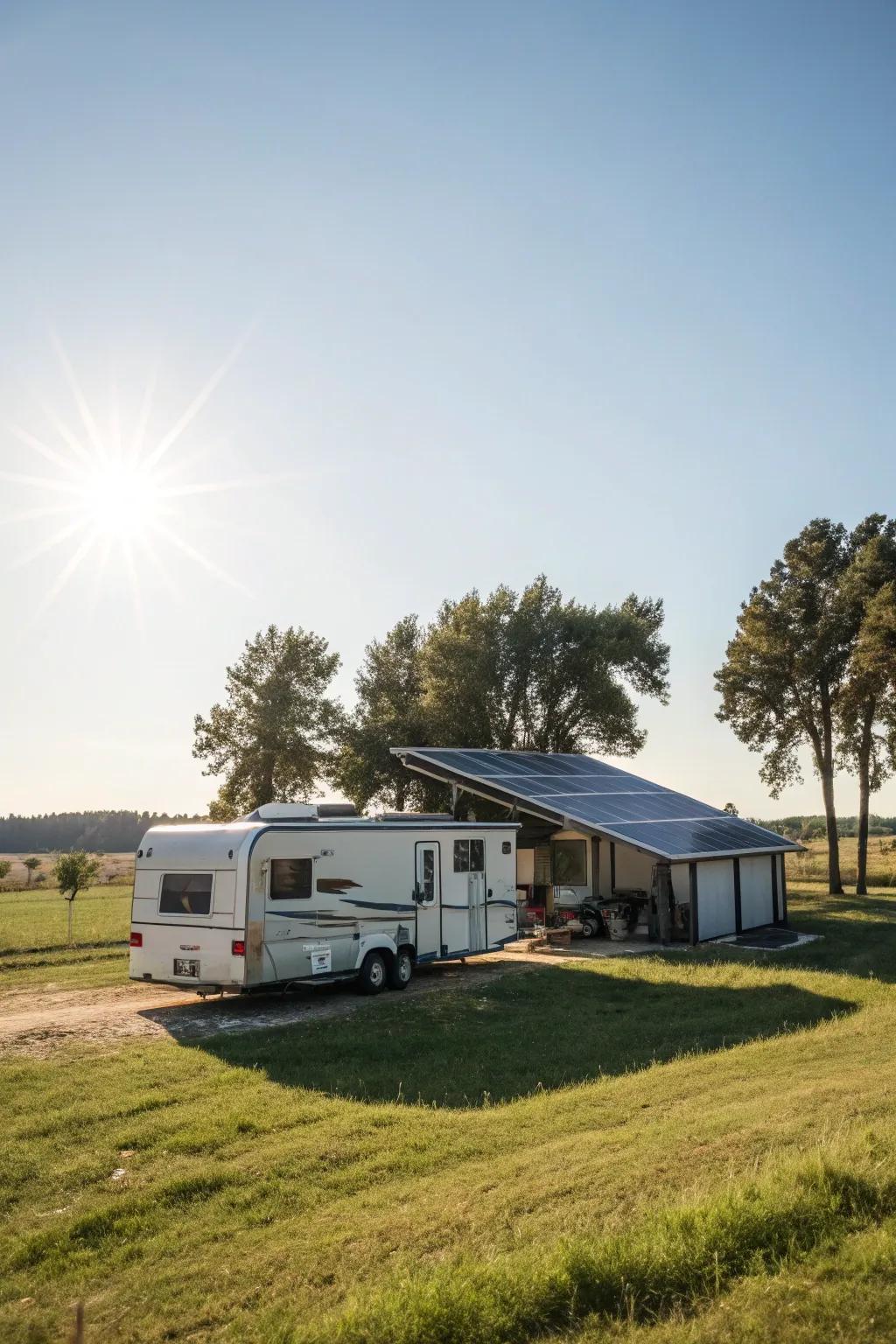 An RV shed with solar collectors, mixing usefulness with care for the earth.