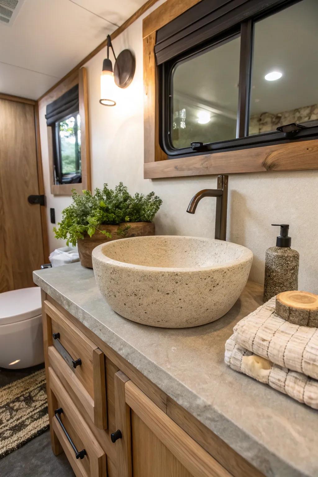 A stone sink enhances the earthy aesthetics of an RV bathroom.